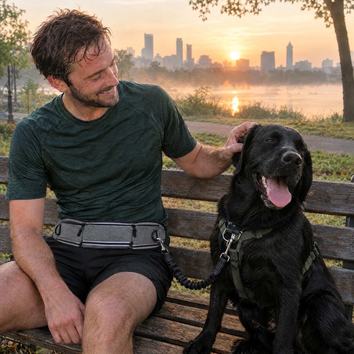 Resting on a bench with his labrador, grey Run Belt