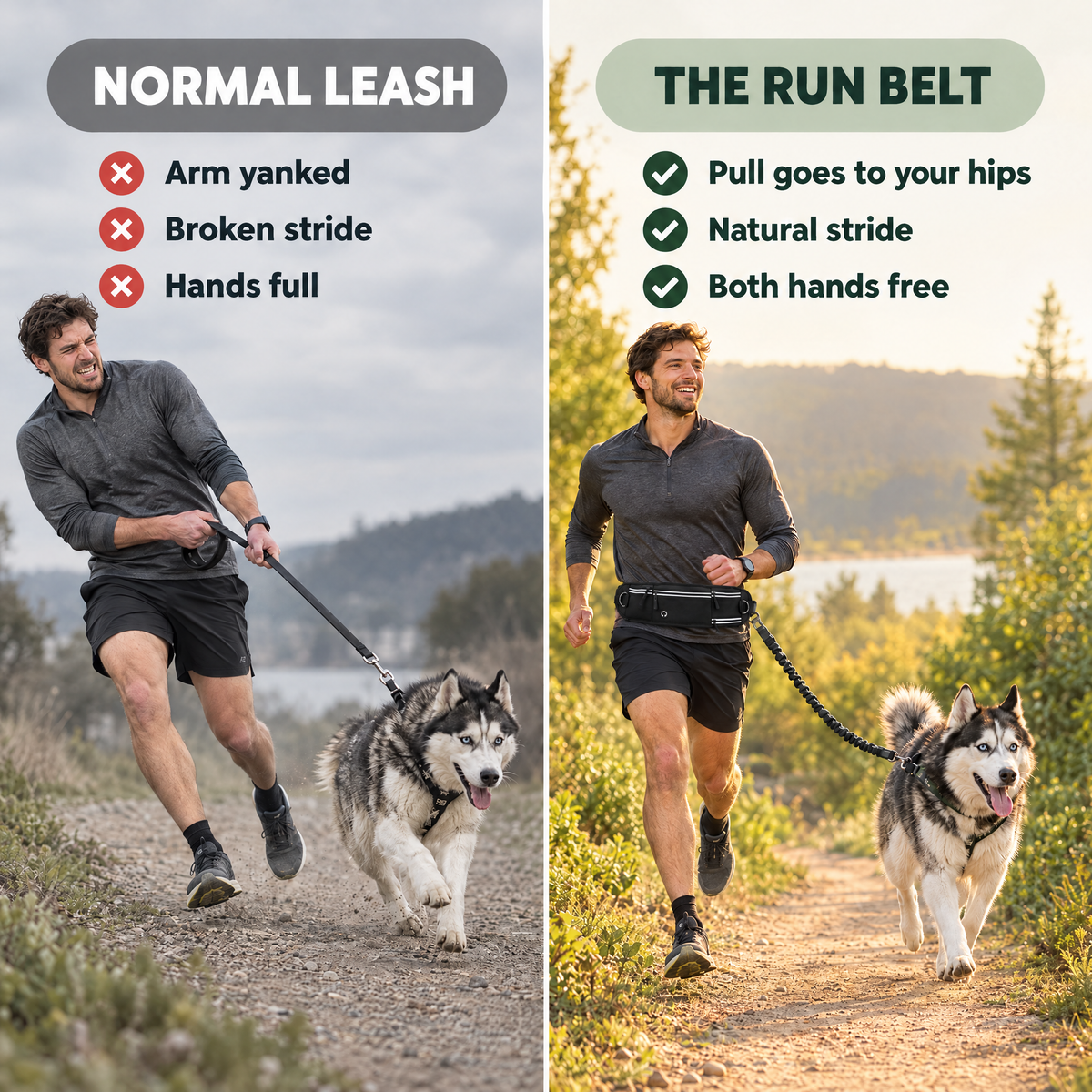 Normal leash vs the Run Belt