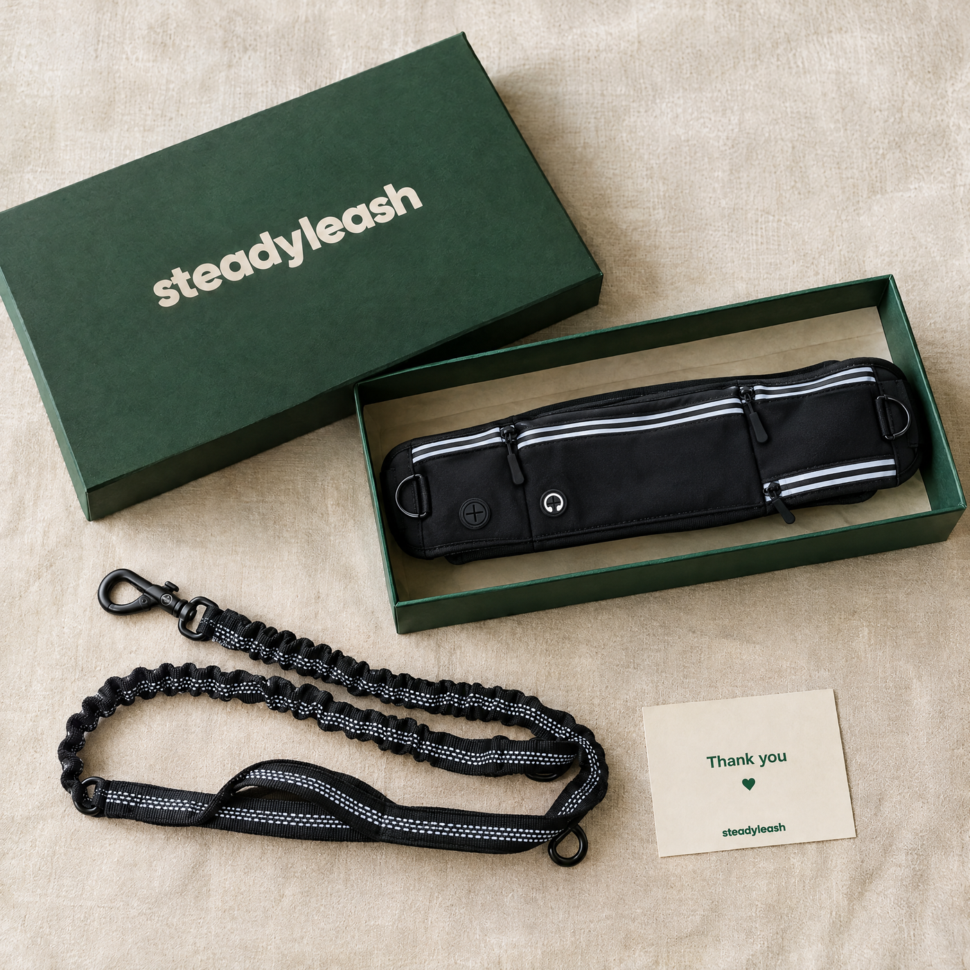 What's in the box: steadyleash box, Run Belt and bungee lead